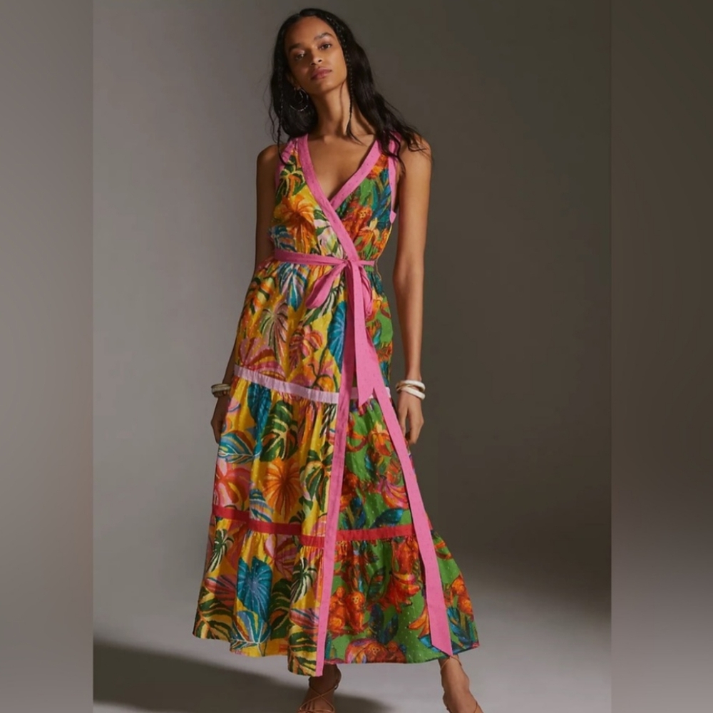 FARM Rio X Anthropologie floral Palm Maxi Wrap Dress Sz.M